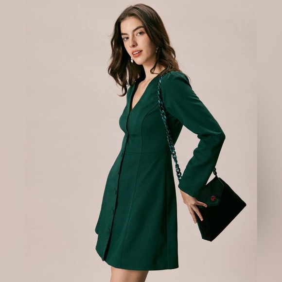 NWT RIHOAS The Green V Neck Button Shirt Mini Dress - Picture 4 of 8